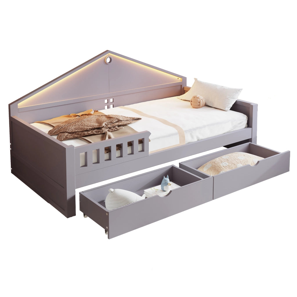 Letto con cassetti 90 × 200 cm con due cassetti LED controllabile da smartphone in legno grigio