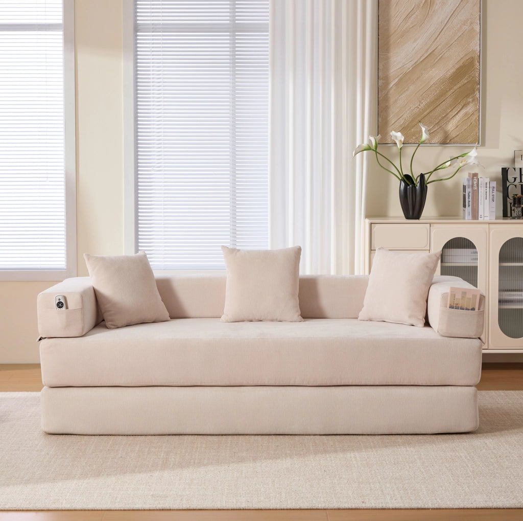Divano modulare in chenille con tasche laterali e base antiscivolo, 198x79x60 cm, colore soffice