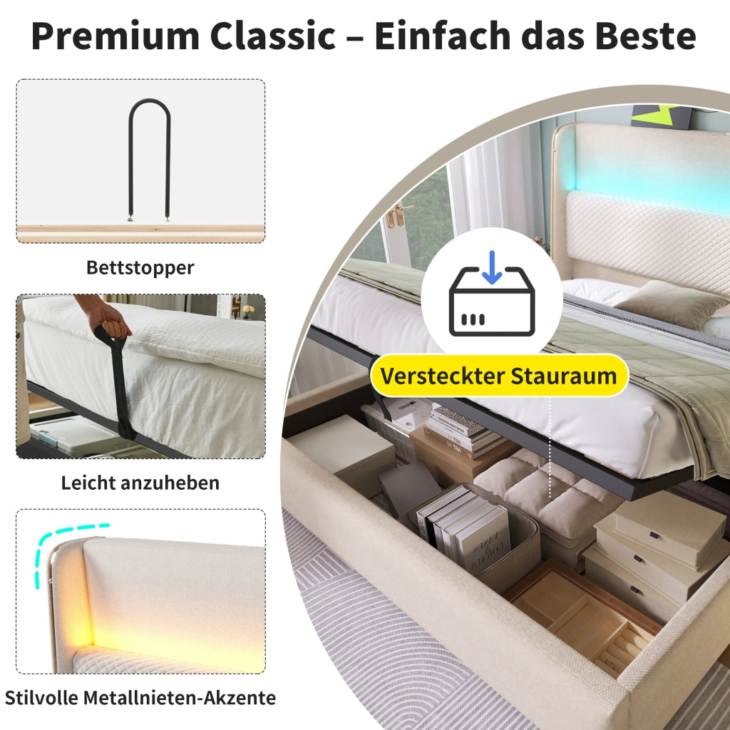 Letto Contenitore 160x200 cm; Letto Matrimoniale - LED; USB; Type-C in Lino Beige