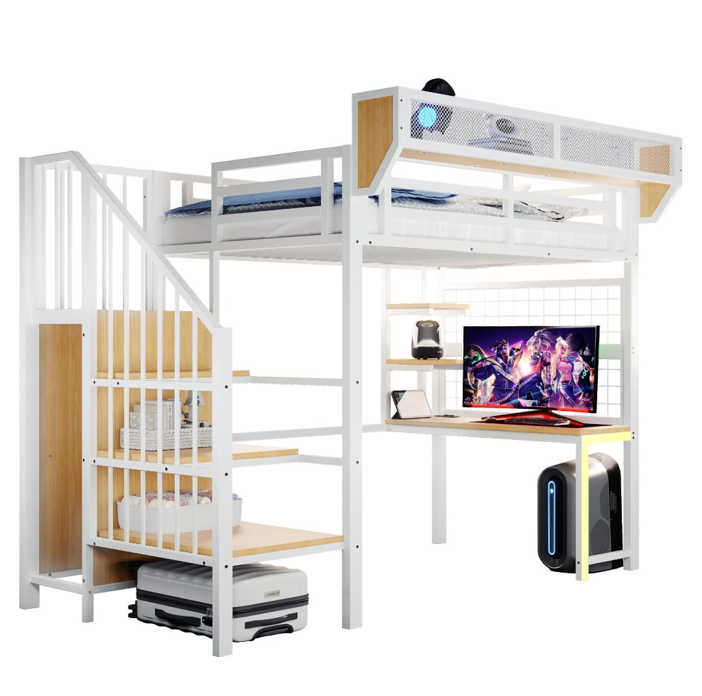 Letto a soppalco in metallo 90x200 cm con scrivania; scaffali; LED e prese; bianco