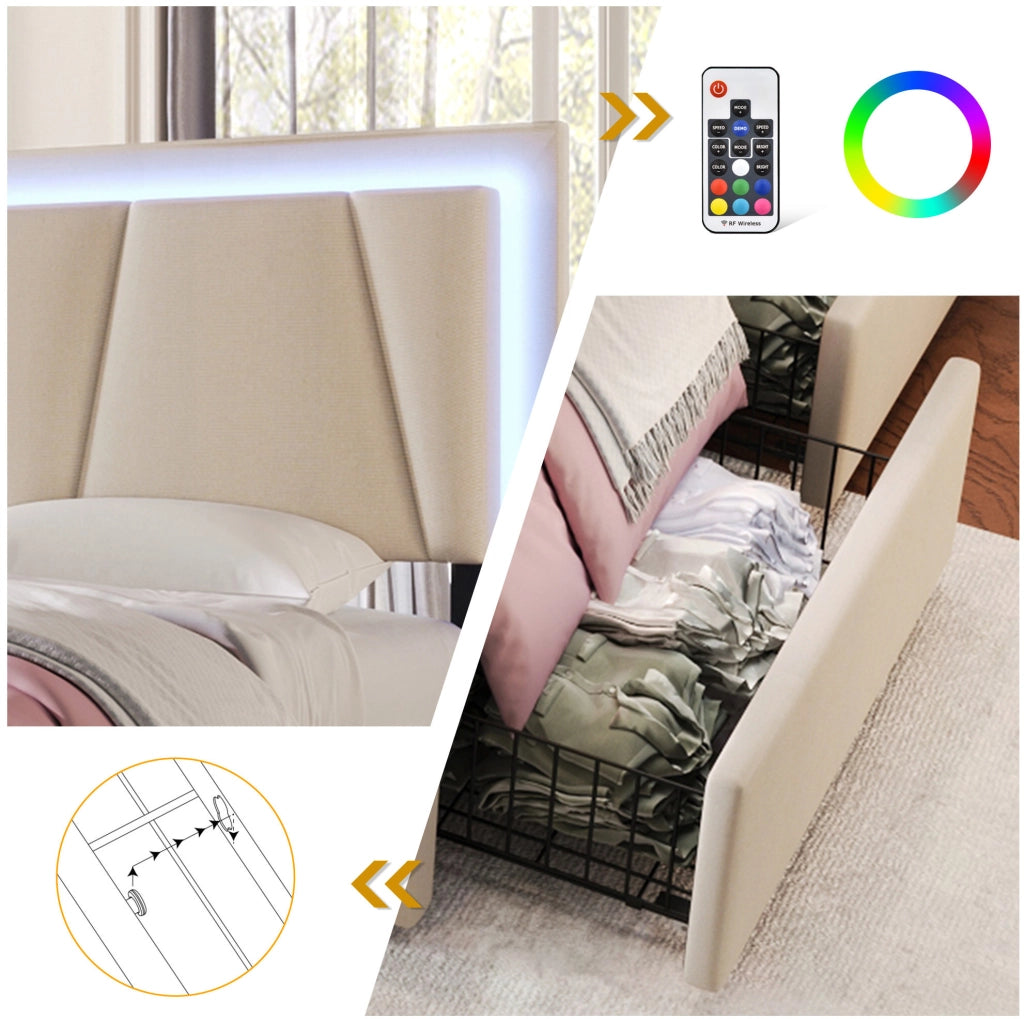 Letto singolo imbottito beige 90x200 cm con LED e materasso