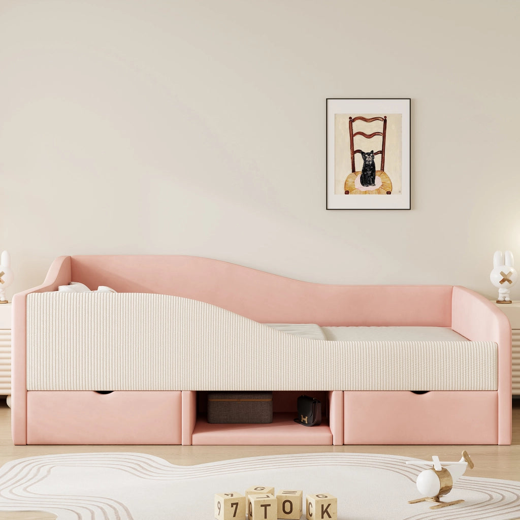 Divano letto 90x190; con 2 cassetti e guide di sicurezza; velluto; rosa e crema