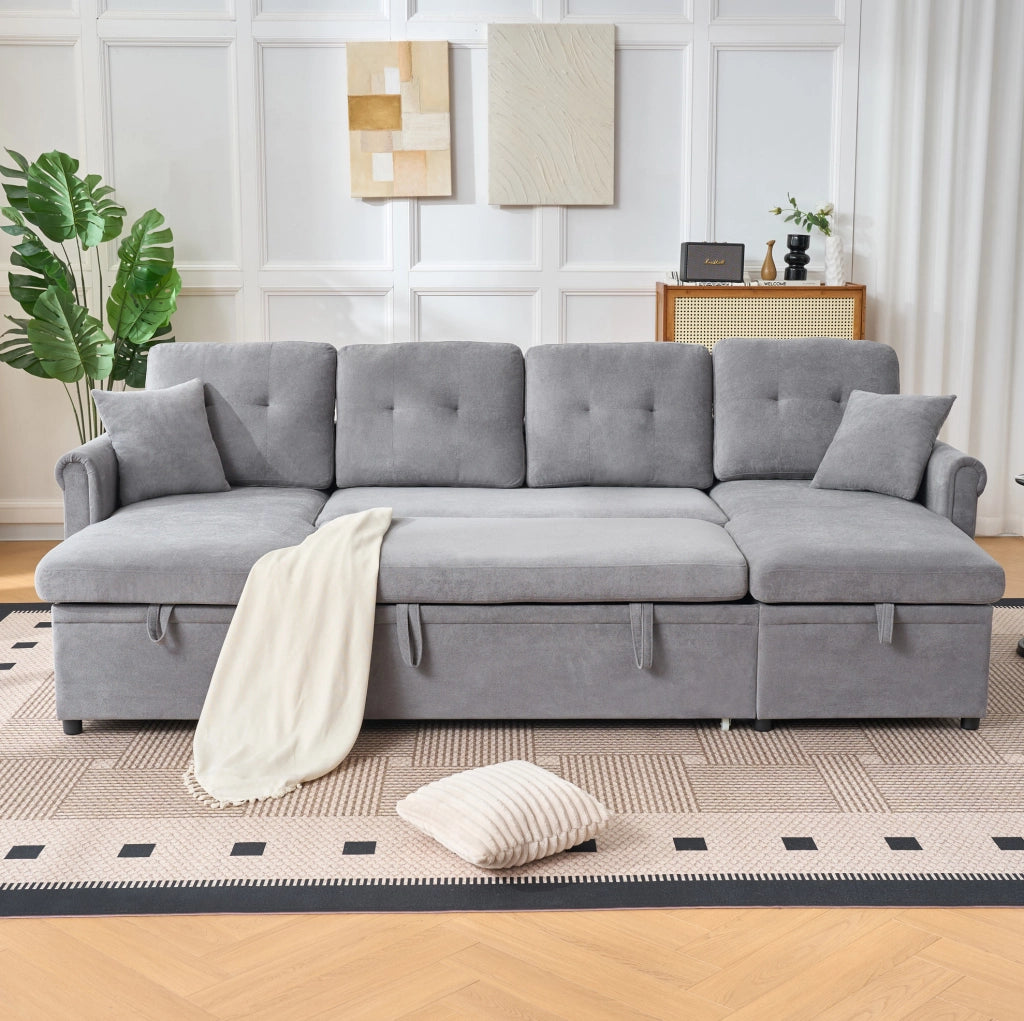 Divano angolare a U con funzione letto e contenitore, grande divano in ciniglia grigio per soggiorno o camera ospiti