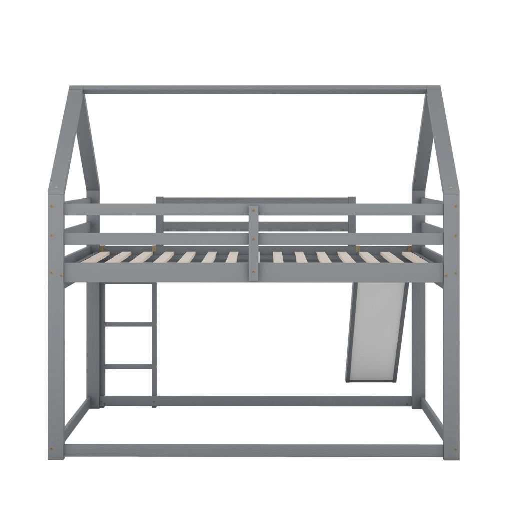 Letto a Castello per Bambini a Forma di Casa con Scivolo e Scala, 140x200 cm, Grigio