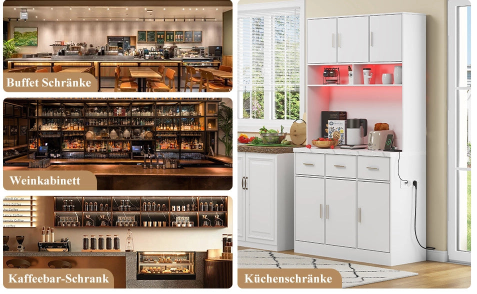 Buffet multifunzione bianco 100x40x180 cm con luci LED controllate tramite app, cassetti, ripiani regolabili e prese integrate