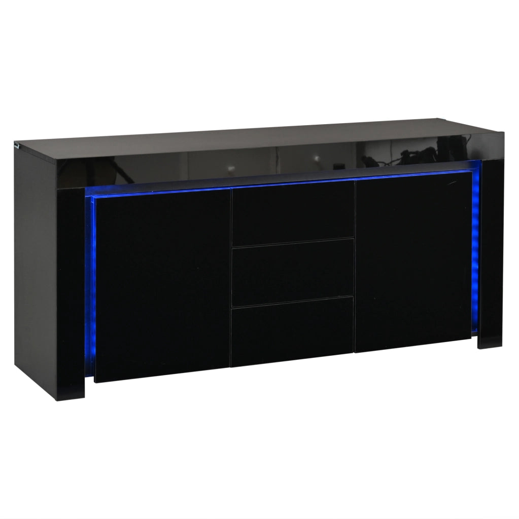 Sideboard nero lucido 140x40x65 cm con 3 cassetti, 2 ante e illuminazione LED regolabile