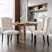 Set 2 Sedie da Pranzo in Velluto Beige con Gambe in Quercia, Bottoni e Borchie Cromate, per Soggiorno e Camera