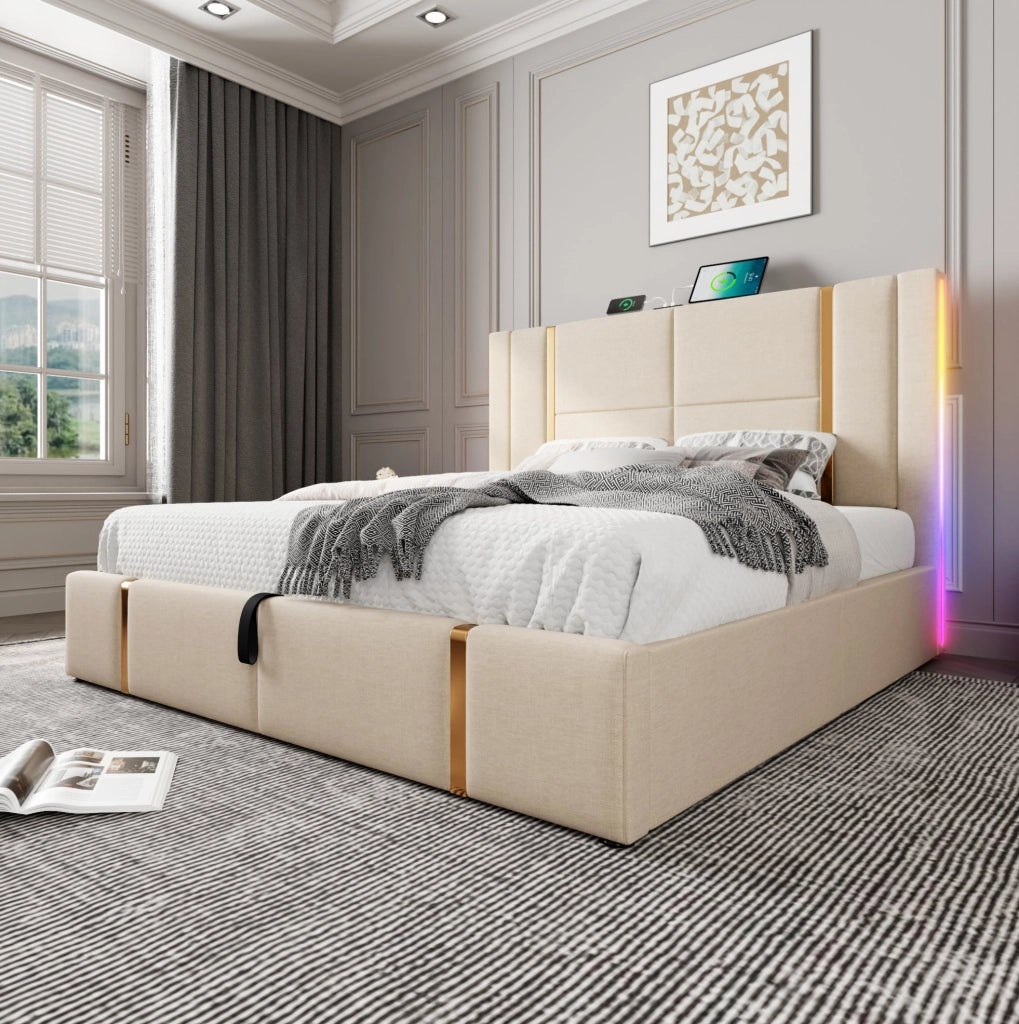 Letto imbottito 140x200 con USB, Type-C, LED RGB e contenitore