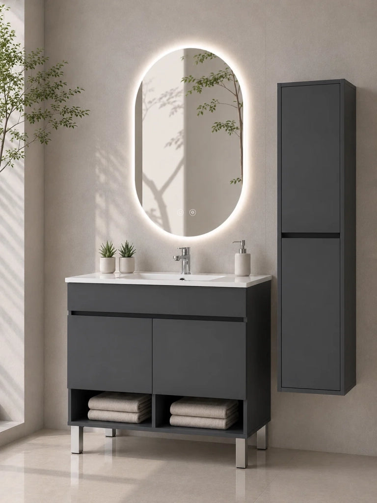 Mobile bagno con piedini con lavabo ORIGENBATH NEBARI con piedini e ante con colonna 90x45 cm grafite con colonna