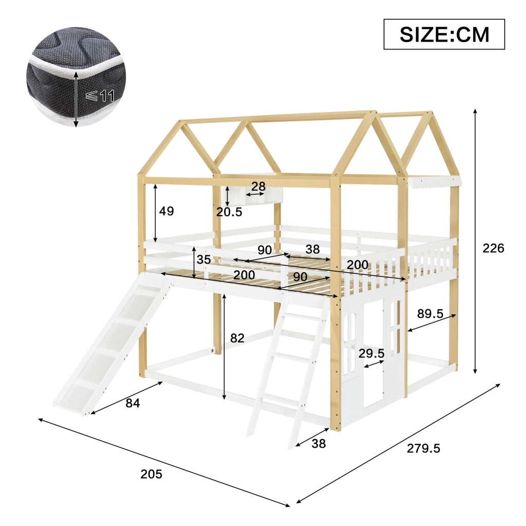 Letto a castello per bambini 90x200 cm con scivolo e scala; bianco e legno naturale