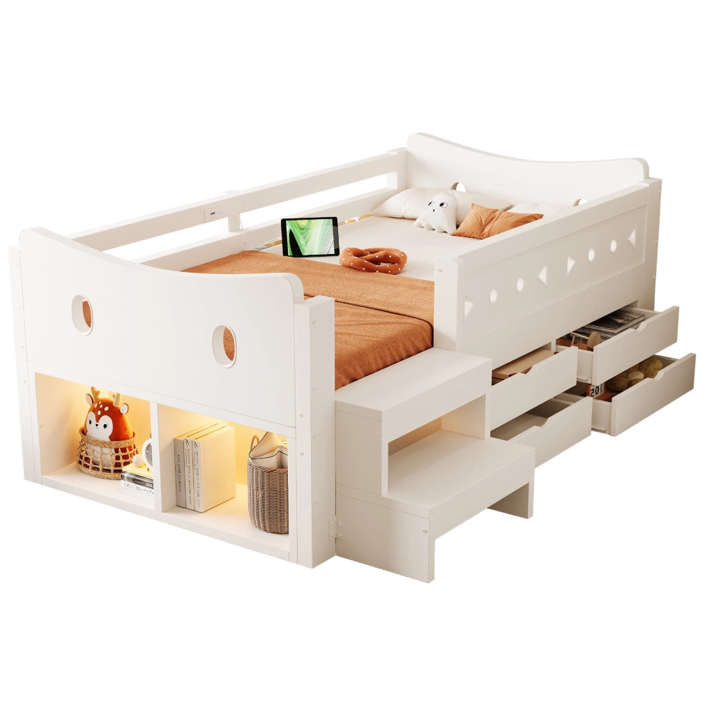 Letto Singolo per Bambini 90x200 cm con Contenitori, LED, Sicurezza e Ricarica USB/Tipo-C, Bianco