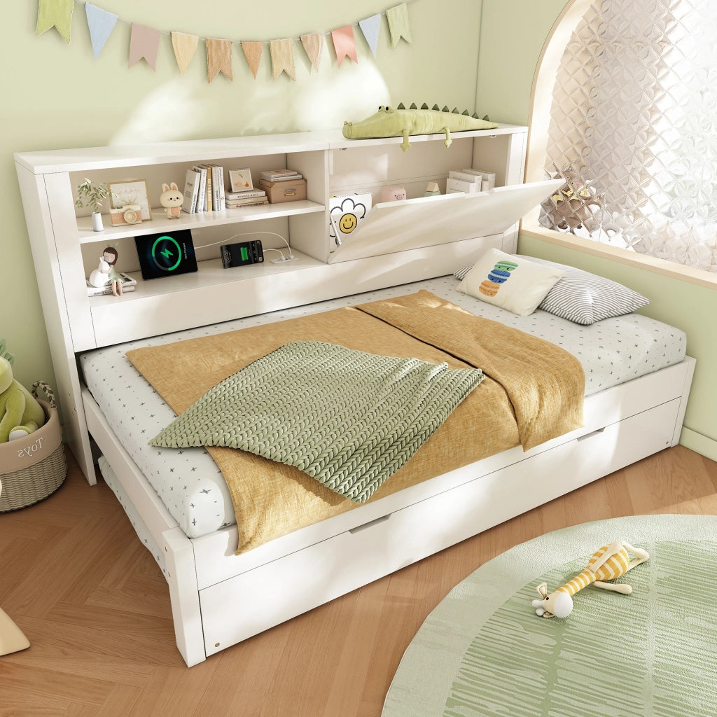 Divano letto 90x190 cm con letto estraibile 90x190 cm; USB e USB-C; vano contenitore; legno bianco