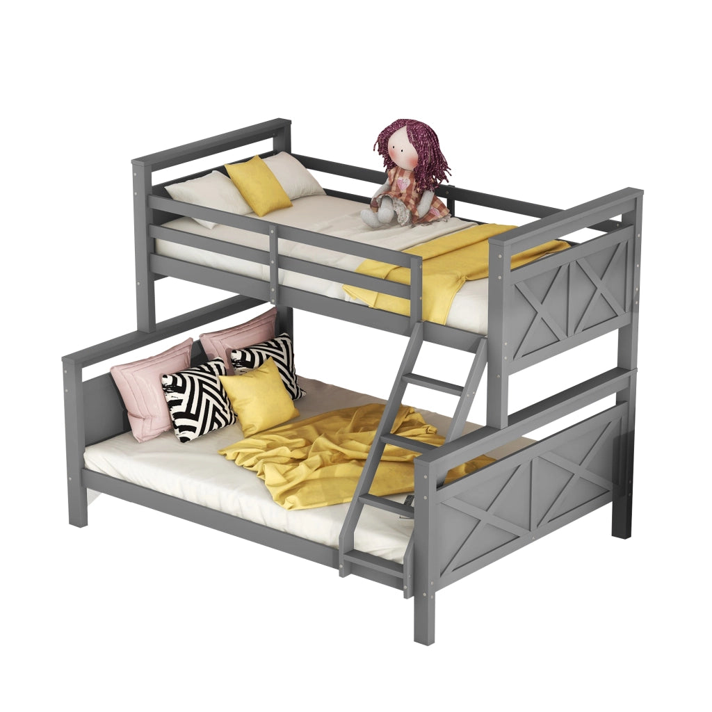 Letto a castello convertibile in due letti in legno di pino e MDF grigio con scala inclinata e sponde
