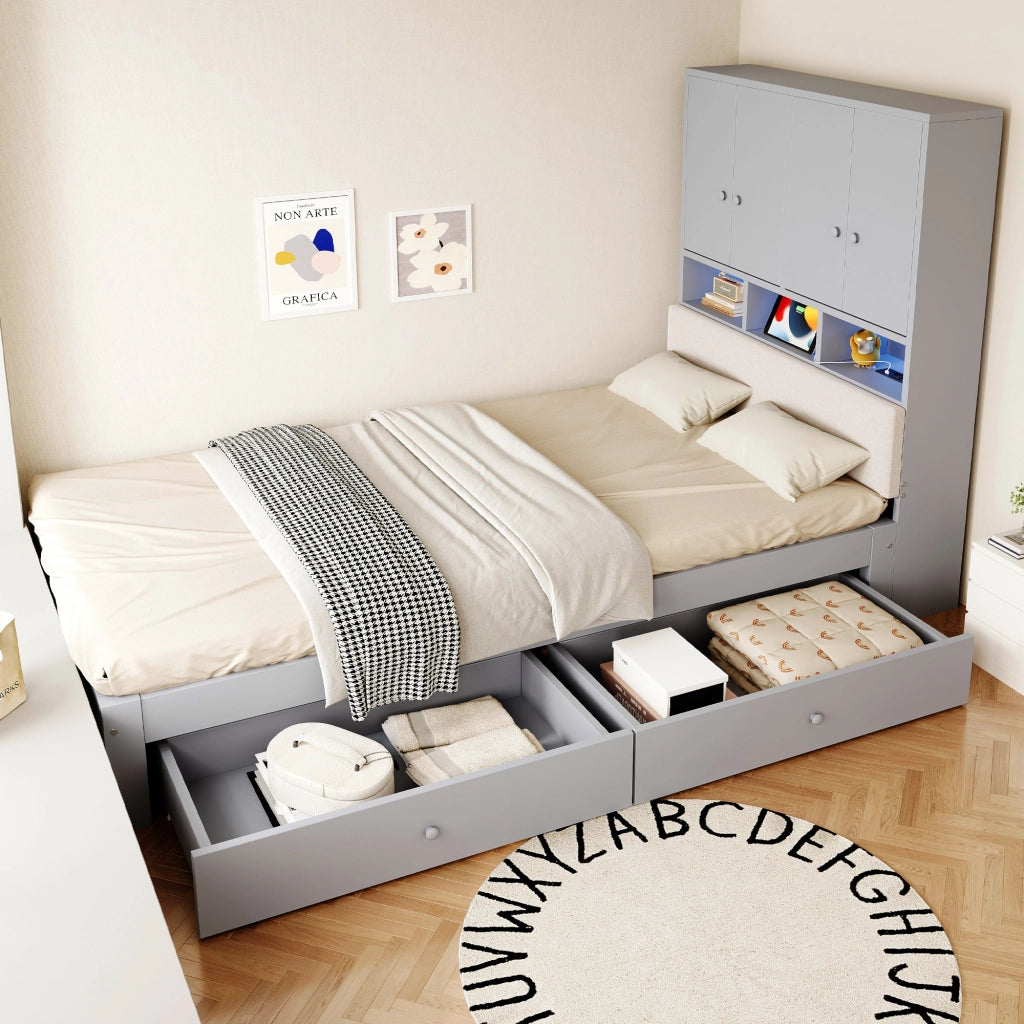 Letto singolo 90 × 200 cm con contenitore testiera imbottita luci led e presa in legno grigio