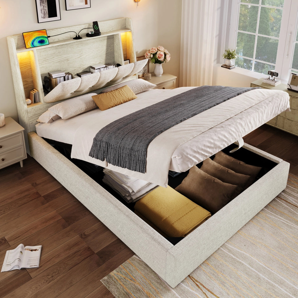 Letto per bambini 90x200 cm con LED; USB e Type-C; testiera con vani e scomparto ribaltabile; lino beige