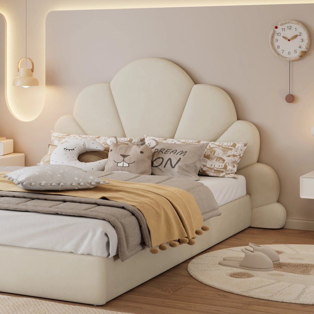 Letto matrimoniale imbottito 140 ¡Á 200 cm in velluto beige con testiera a forma di fiore e rete a doghe