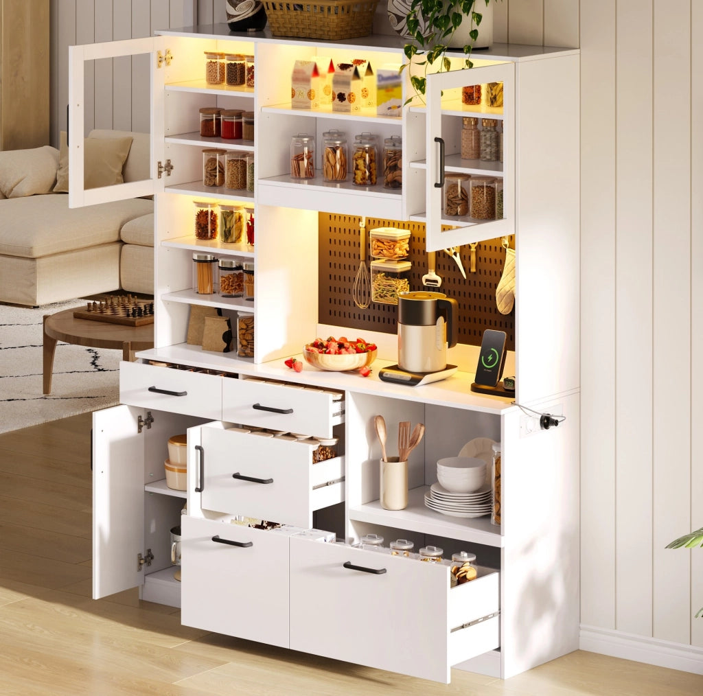 Mobile da cucina con 5 cassetti; LED RGB e prese integrate; MDF bianco