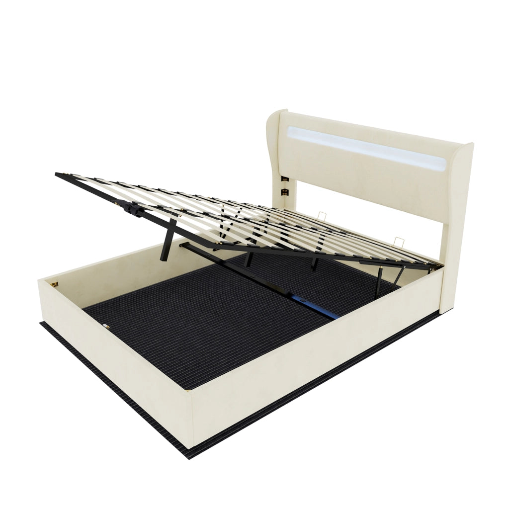 Letto matrimoniale 160 × 200 cm 2 posti con LED regolabile e testiera regolabile, senza materasso, beige