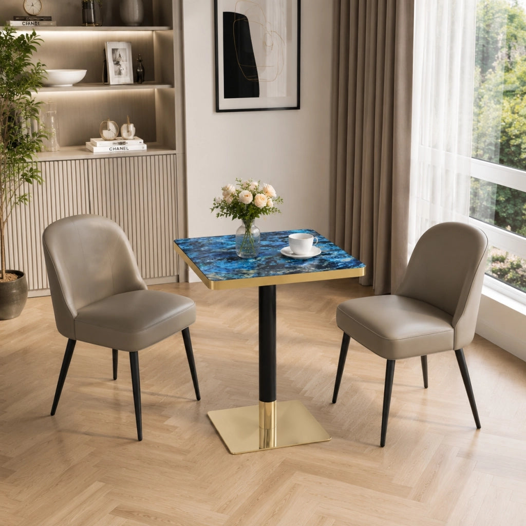 Tavolo da pranzo quadrato con base stabile, effetto marmo e bordo dorato, in MDF e metallo, blu, 60 × 60 × 74 cm