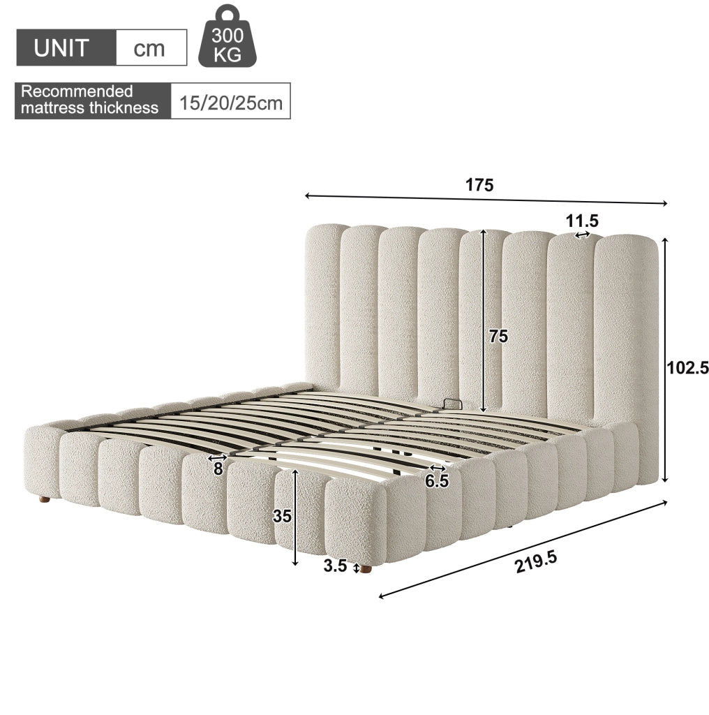 Letto 160x200 cm con contenitore idraulico, rete a doghe e rivestimento boucl¨¦ bianco