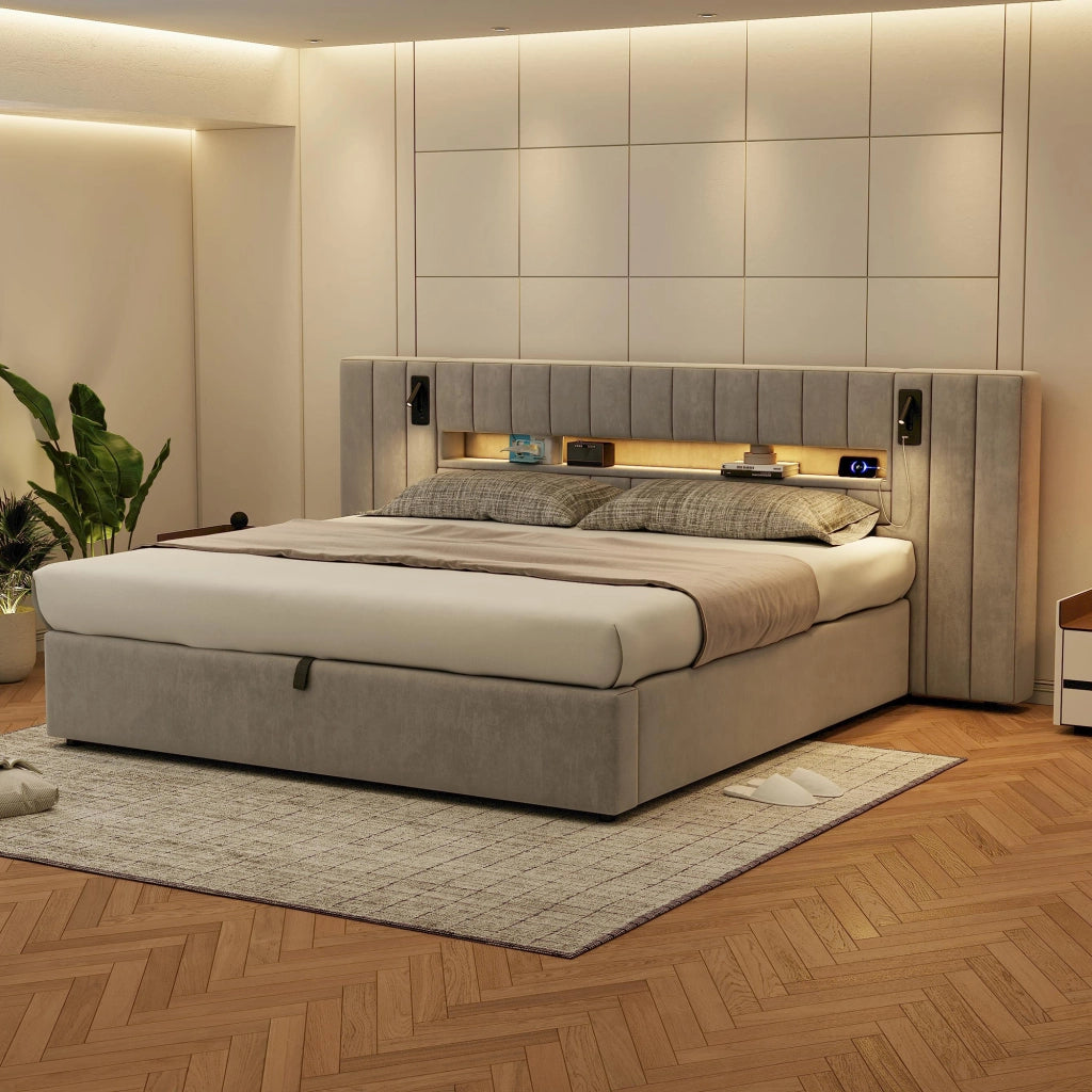 Letto contenitore 180 × 200 cm imbottito con LED porte USB lampade da comodino rivestito in velluto grigio