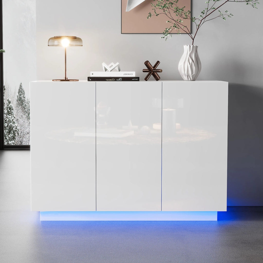 Sideboard bianco lucido con luci LED a basamento 120x40x75 cm design minimalista
