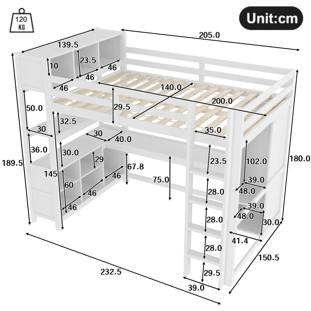 Letto a soppalco per bambini 140x200 cm con scrivania; armadio; mensole e vani portaoggetti; salvaspazio; bianco