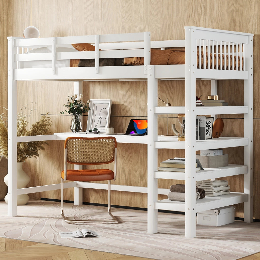 Letto a soppalco per bambini 90x200 cm con scrivania e scaffali; bianco