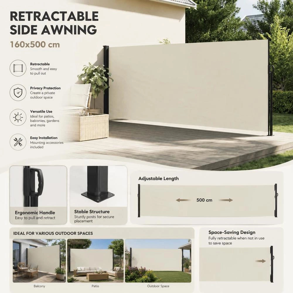 Extendable Side Awning, Cream, 160x500 Cm