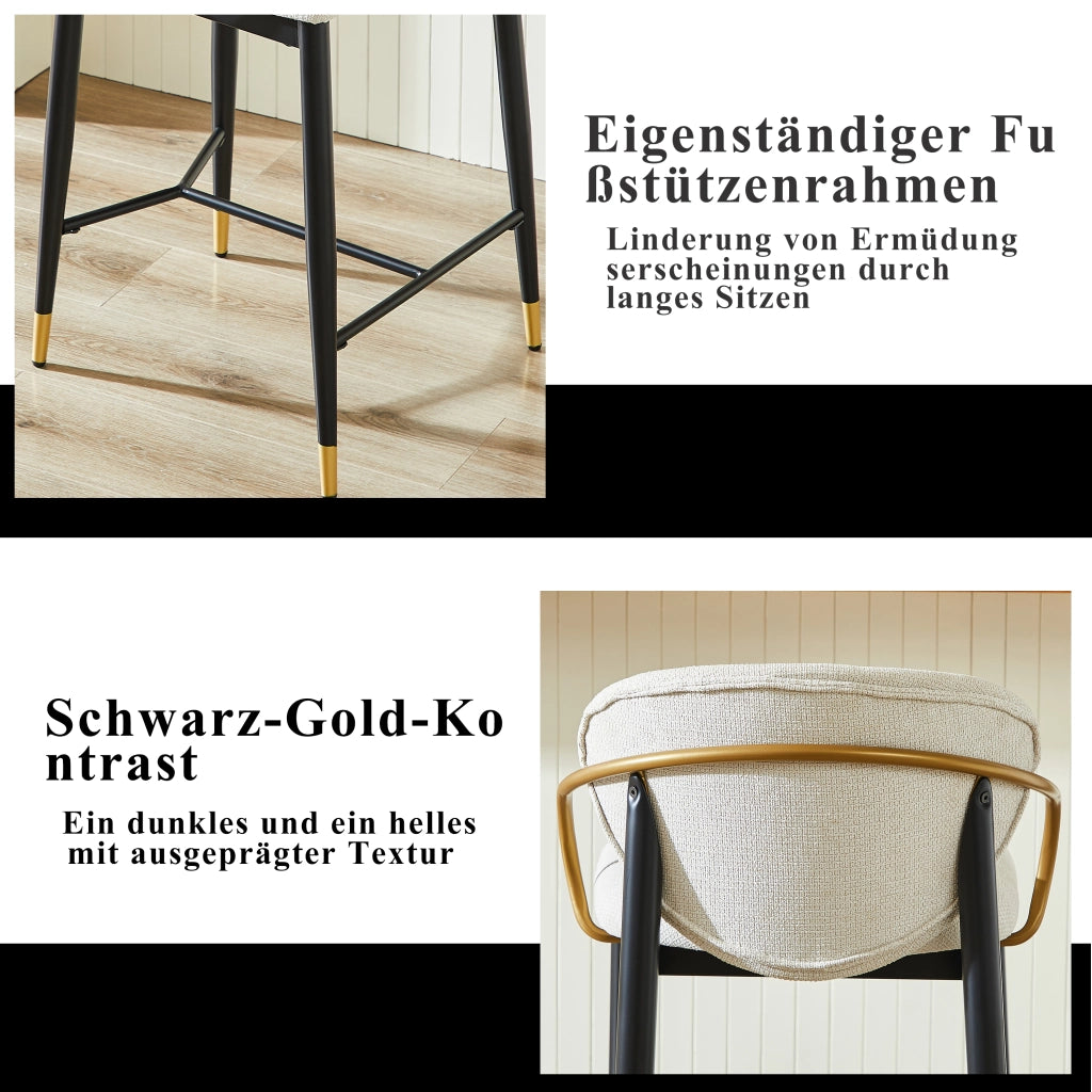 Sgabello da bar set di 2 con schienale e poggiapiedi, piedini regolabili, in tessuto chenille beige nero oro