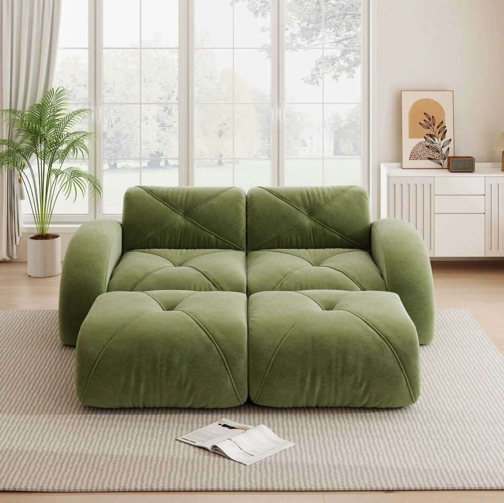 Divano modulare 204x171x76 cm in ciniglia verde con 2 pouf, senza montaggio