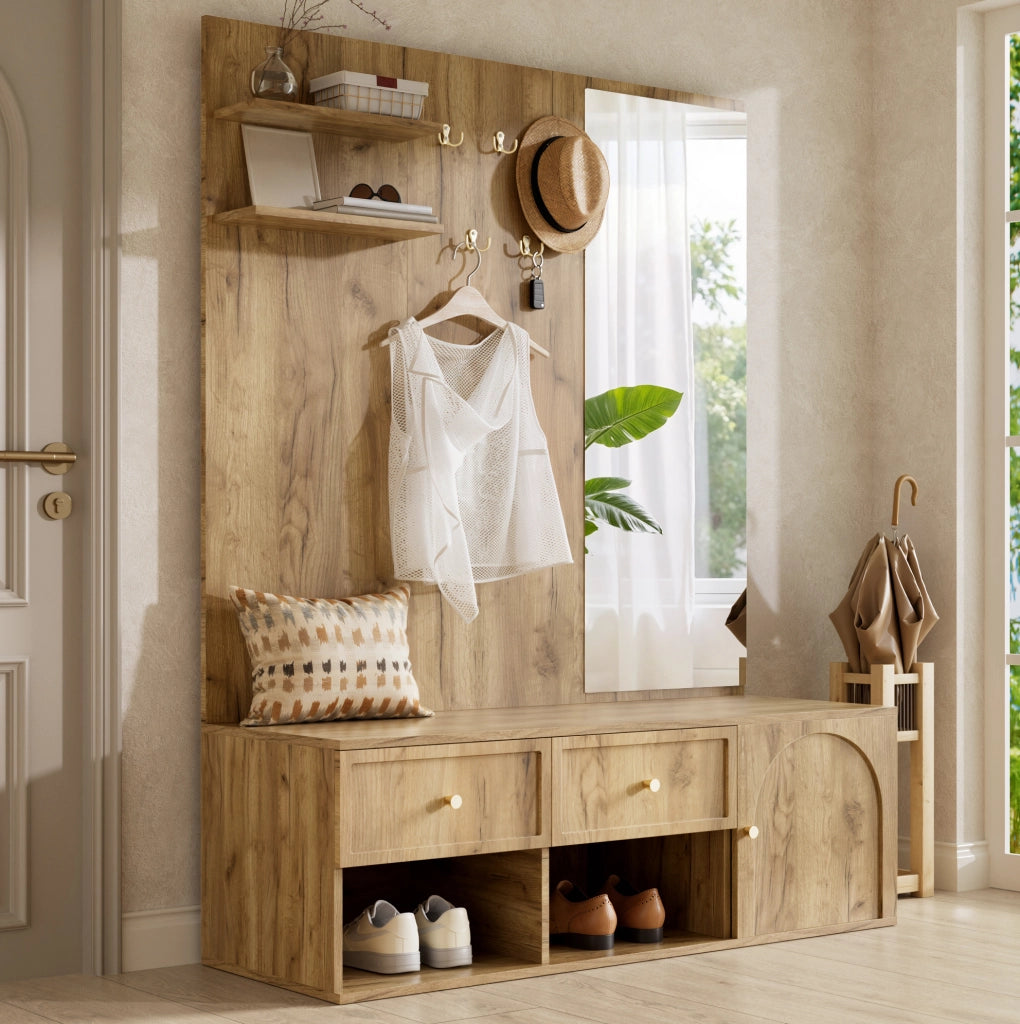 Set guardaroba da ingresso ULEVR 120x35x159 cm con specchio, 5 ganci, 2 cassetti e scarpiera effetto legno