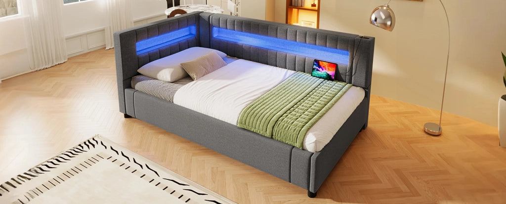Daybett 90x200 cm in Leinen und MDF mit LED-Lichtleiste, hydraulischem Stauraum, USB + Type-C, Grau