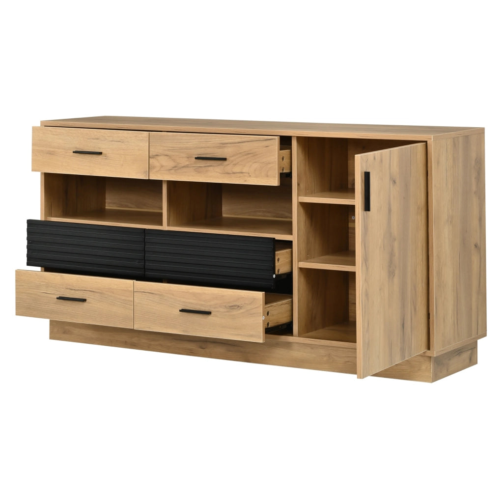 Credenza ULEVR 140x35x70 cm con 6 cassetti e 1 anta, mobile contenitore in MDF effetto rovere