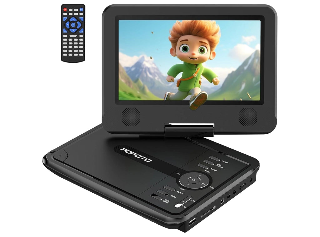POFOTO Lettore DVD Portatile da 9.5 Pollici con Schermo HD Ruotabile Batteria 6 Ore Supporto Multiformato SD USB Funzione Memoria Sync TV e Caricatore Auto