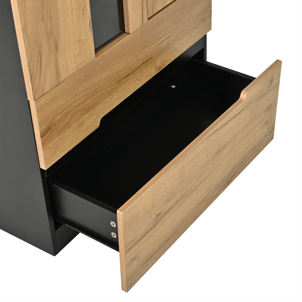 Vetrina con 3 ante e 2 cassetti LED controllata da app in MDF naturale e nero