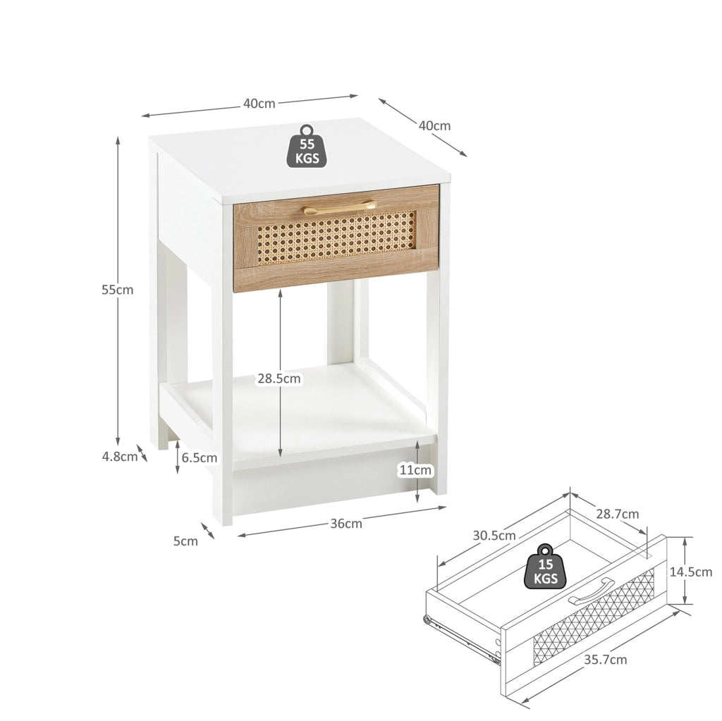 Comodino in rattan con cassetto, bianco, 55x40x40 cm, design moderno per camera e soggiorno