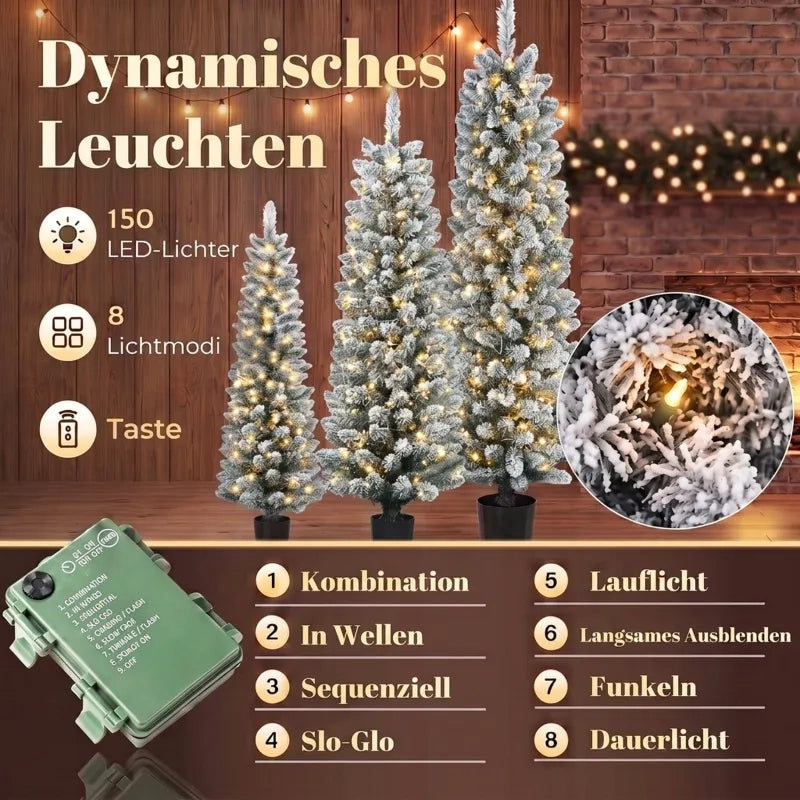 Set 3 Alberi di Natale LED innevati, stretti con rami in PVC, altezze 90/120/150 cm