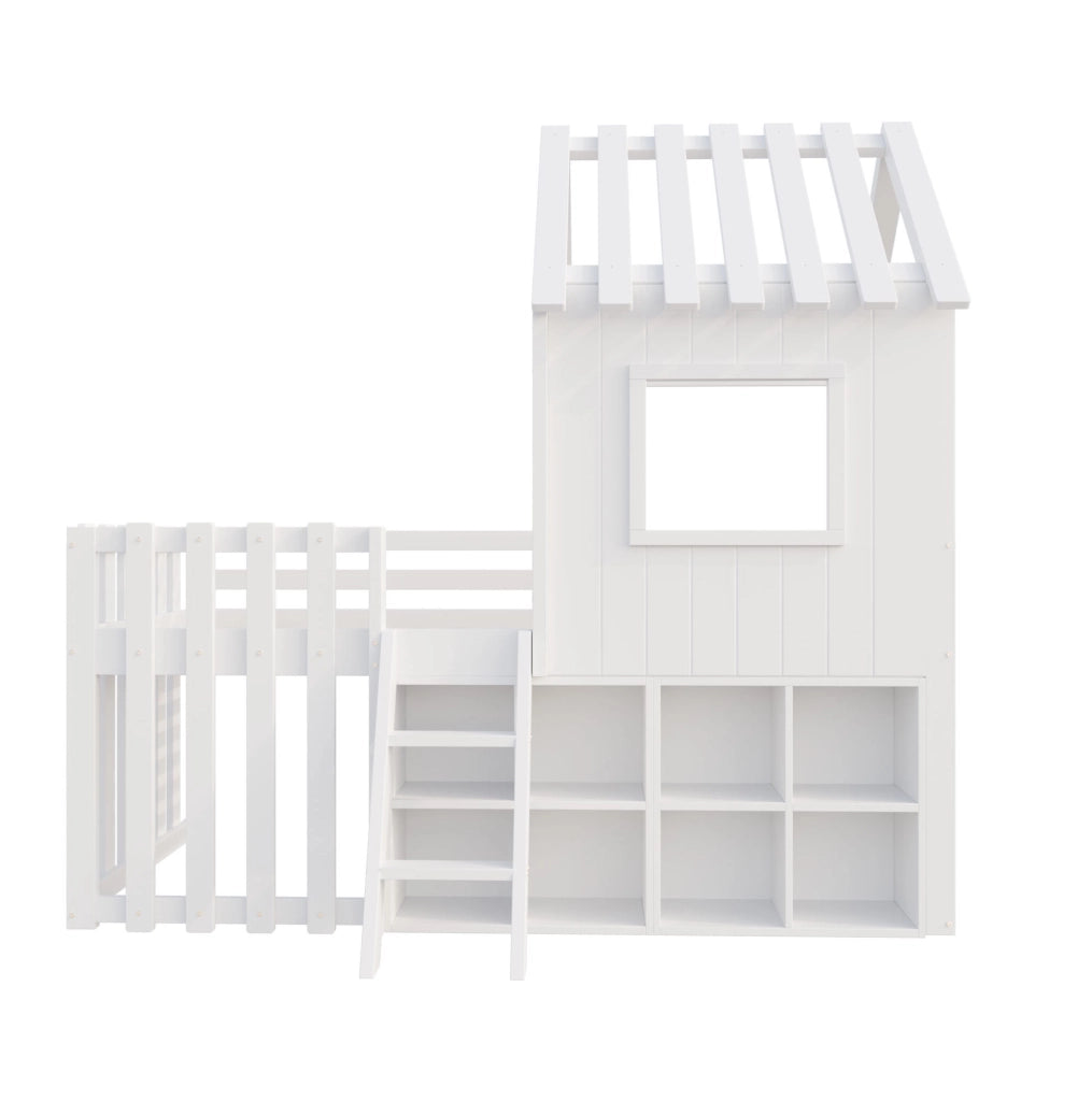 Letto a soppalco per bambini 90x200 cm con tetto e vani mobili in pino bianco