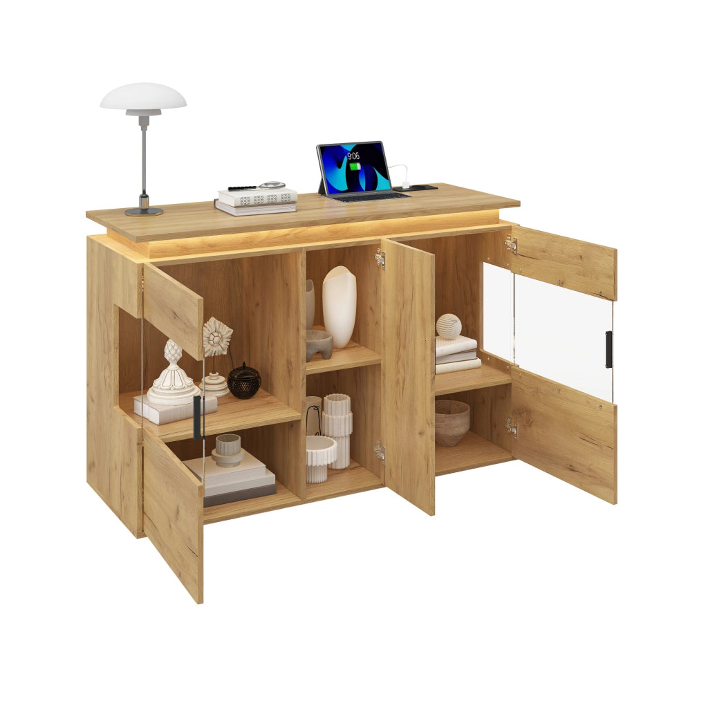 Buffet con illuminazione LED, prese USB e Type-C, anta in vetro e finitura effetto legno, 120x40x79,5 cm
