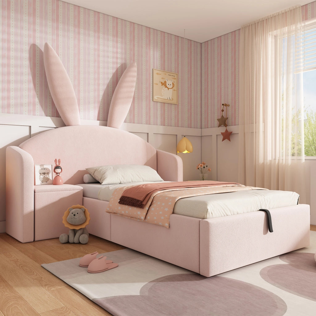 Letto per bambini 90 × 190 cm 1 posto con contenitore e comodino reversibile; senza materasso; in velluto rosa