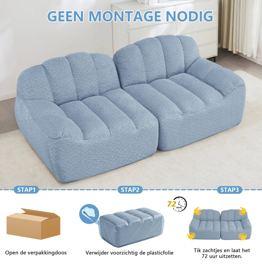 Divano modulare angolare 3 posti con pouf, schiuma ad alta densità 32D, tessuto blu morbido per soggiorno