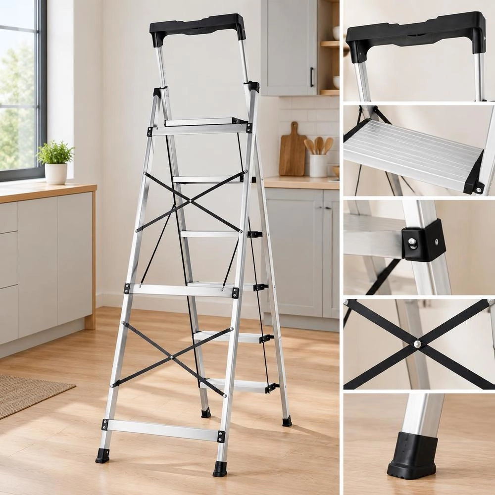 6 Step Ladder, Folding Step Stool With Wide Anti-Slip Pedal And Comfort Handgrip, 330 Lbs Capacity Portable Aluminum Stepladder, Multi-Use For Kitchen, Warehouse, Household And Office, Silver