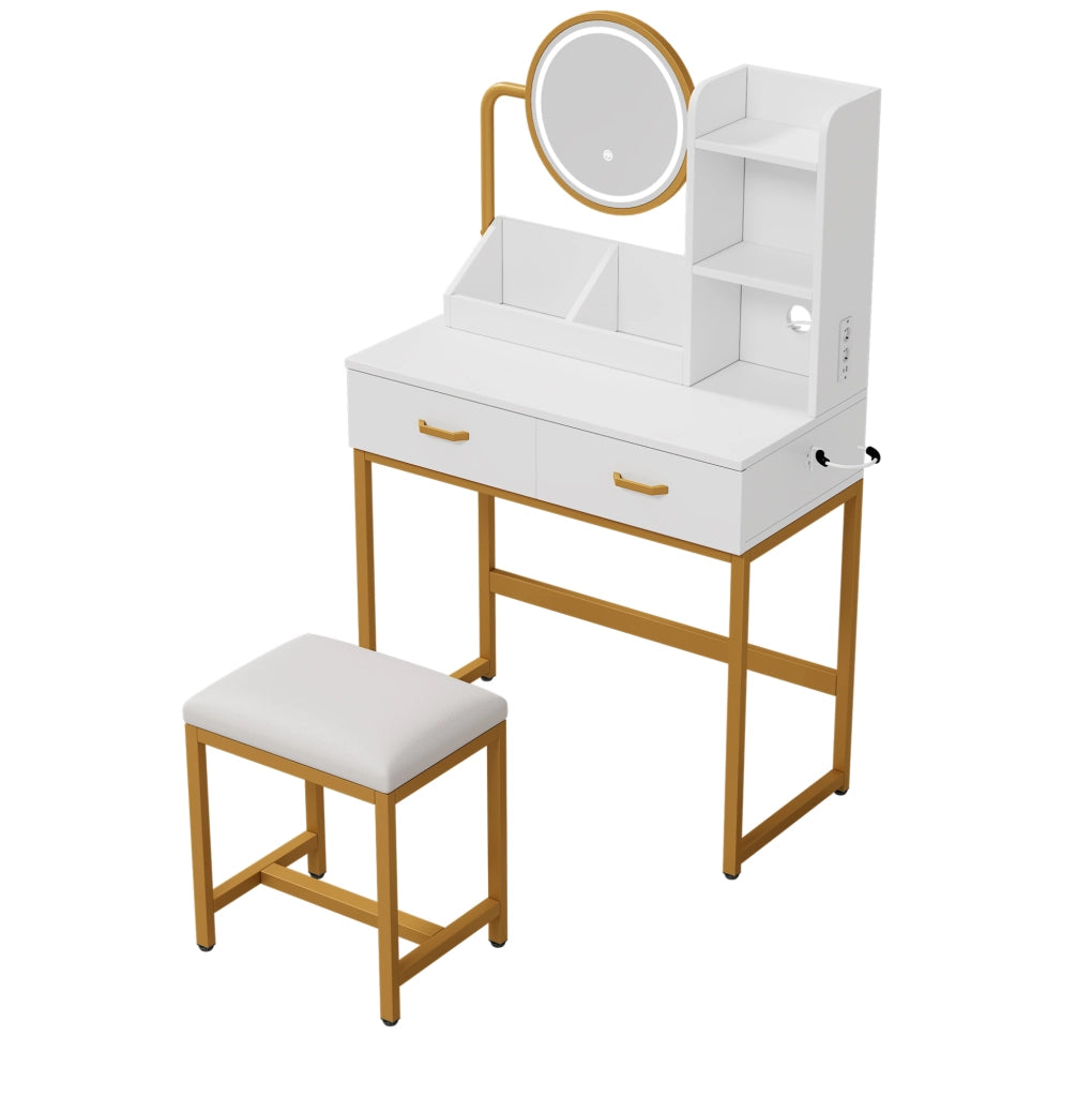 Toeletta 80x40x138,5 cm in truciolare con specchio LED, USB e sgabello bianco e oro