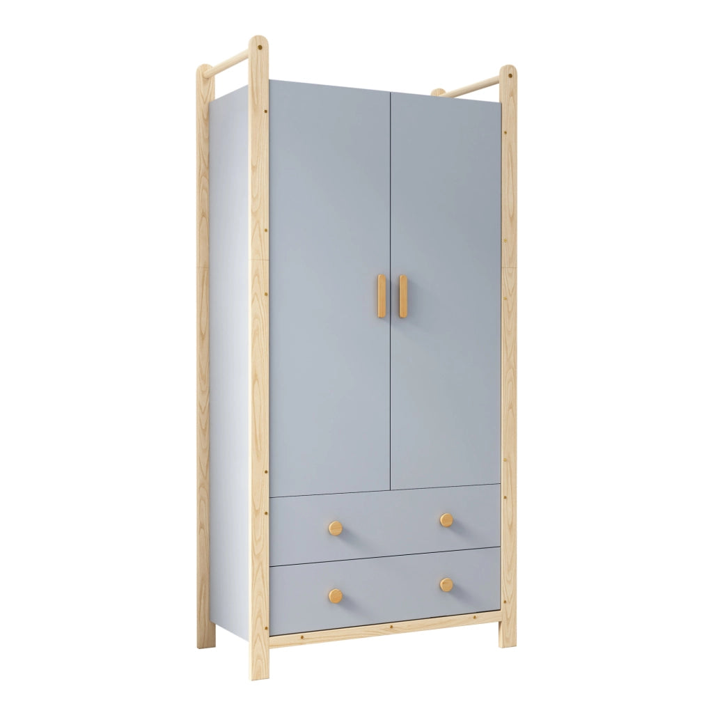 Armadio 2 ante con appendiabiti e 2 cassetti, struttura in truciolato blu, telaio in pino, 90x45x180 cm