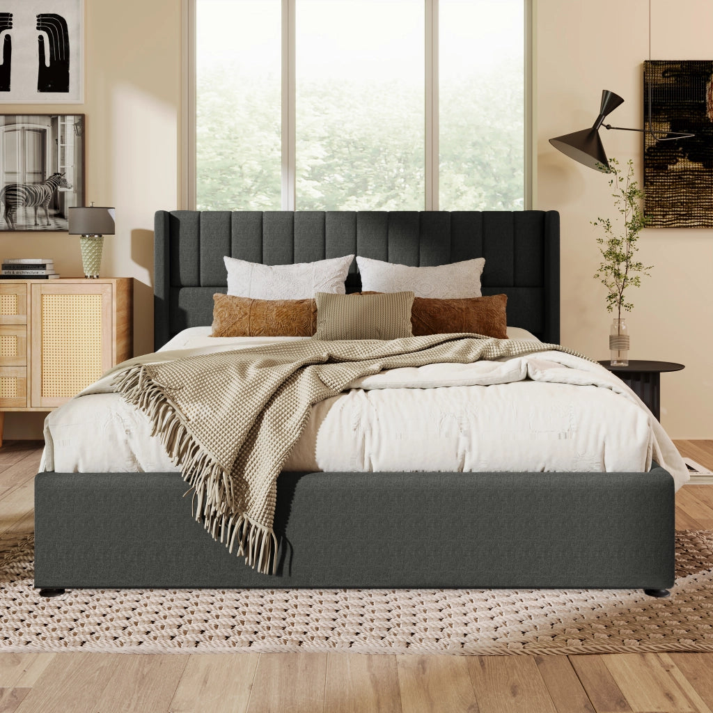 Letto matrimoniale con contenitore 160 × 200 cm idraulico con rete a doghe e testiera imbottita in lino grigio