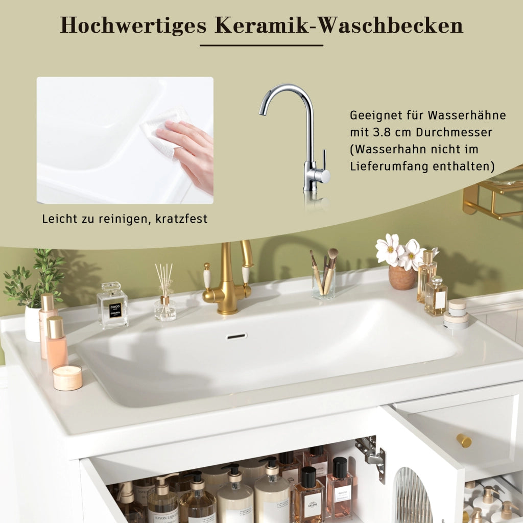 Mobiletto con lavabo sospeso in MDF bianco con 2 cassetti anta in vetro ondulato e ripiani regolabili