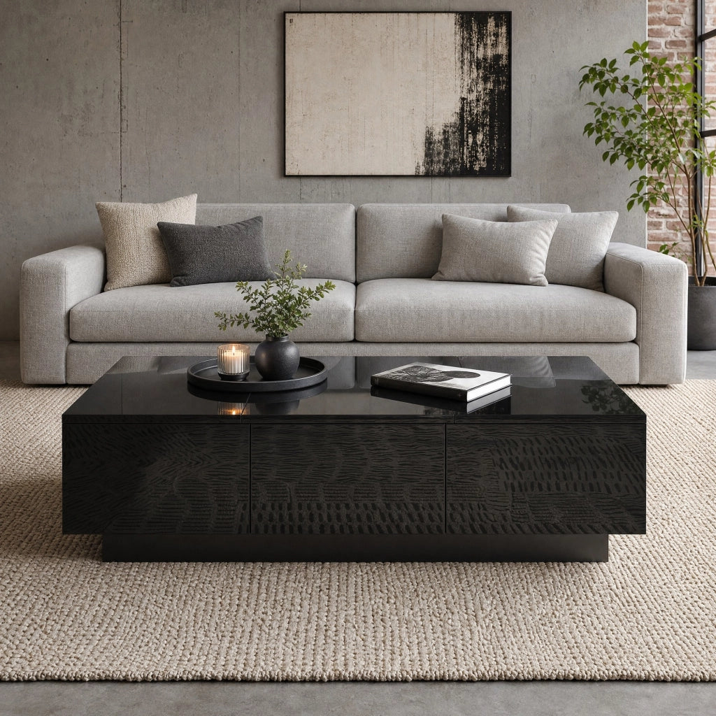 Tavolino da caffè moderno nero lucido 100x31x50 cm in truciolare e MDF con cassetti