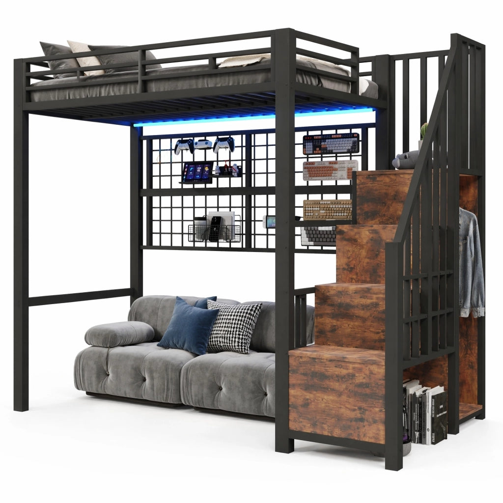 Letto a soppalco 90x200 cm in metallo con scala-armadio, griglia e LED 7 colori