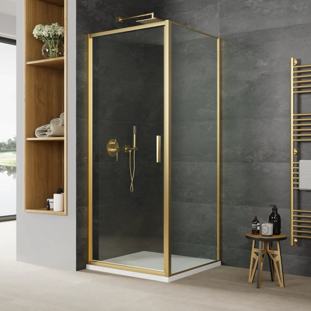 Box doccia slim 80x70cm con porta a battente e parete fissa profili oro spazzolato e vetro 6mm trasparente anticalcare h190| Portofino